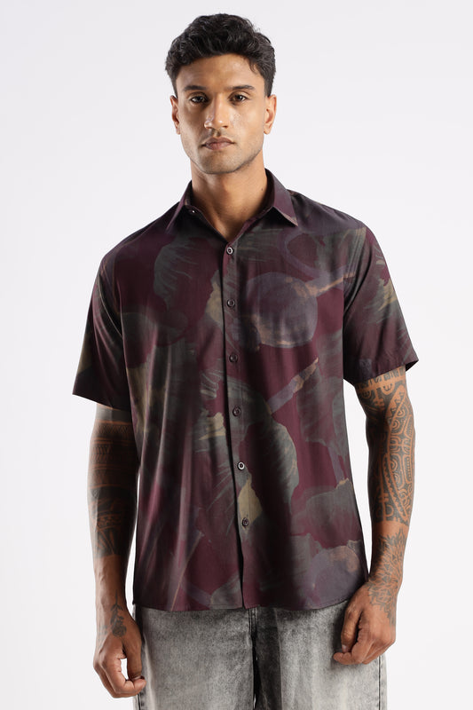 Men’s Painterly Floral Silhouette Button-Down – Deep Maroon
