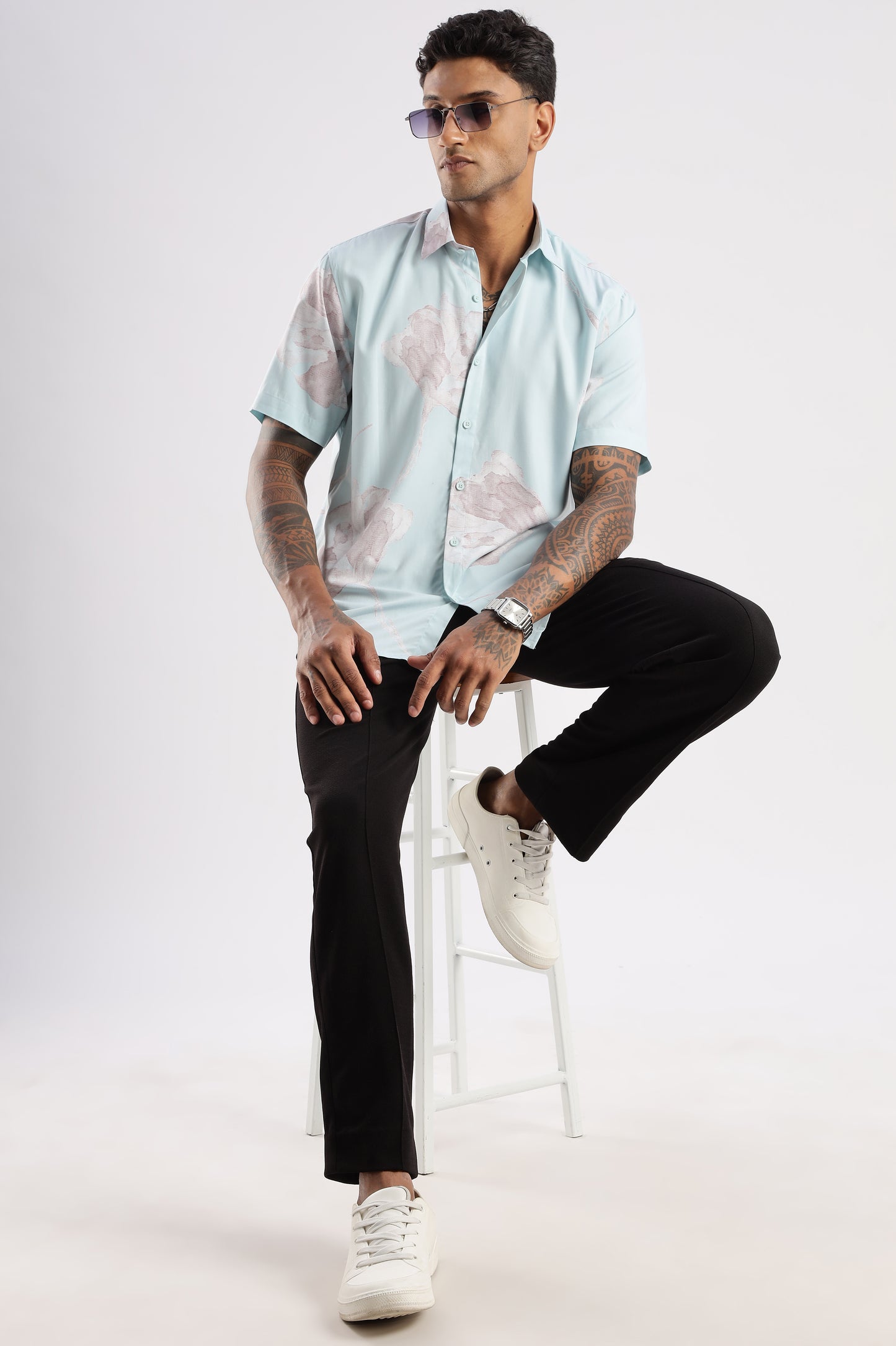 Men’s Shadow Floral Placement Print Short-Sleeve Shirt – Ice Mint