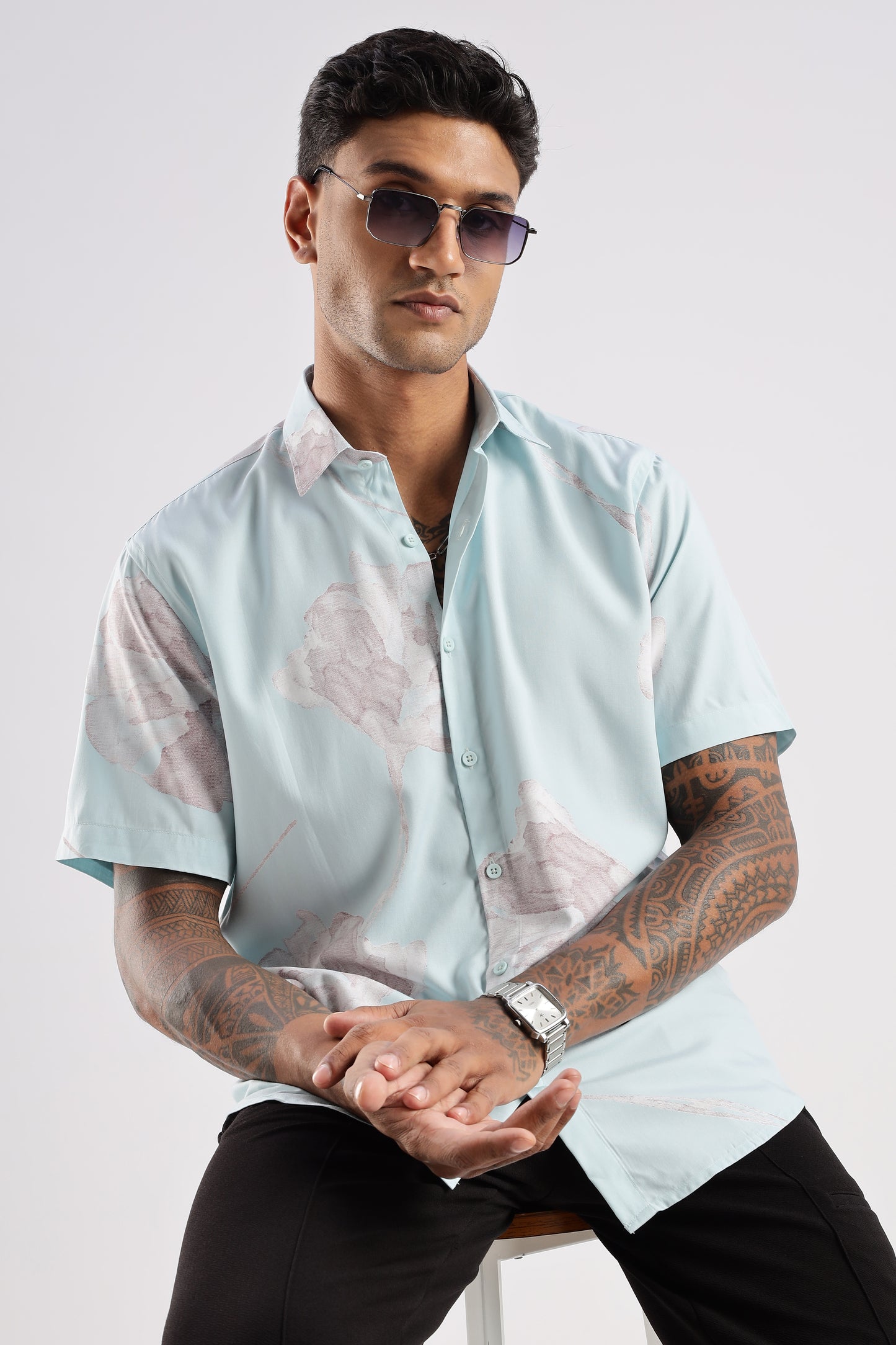 Men’s Shadow Floral Placement Print Short-Sleeve Shirt – Ice Mint