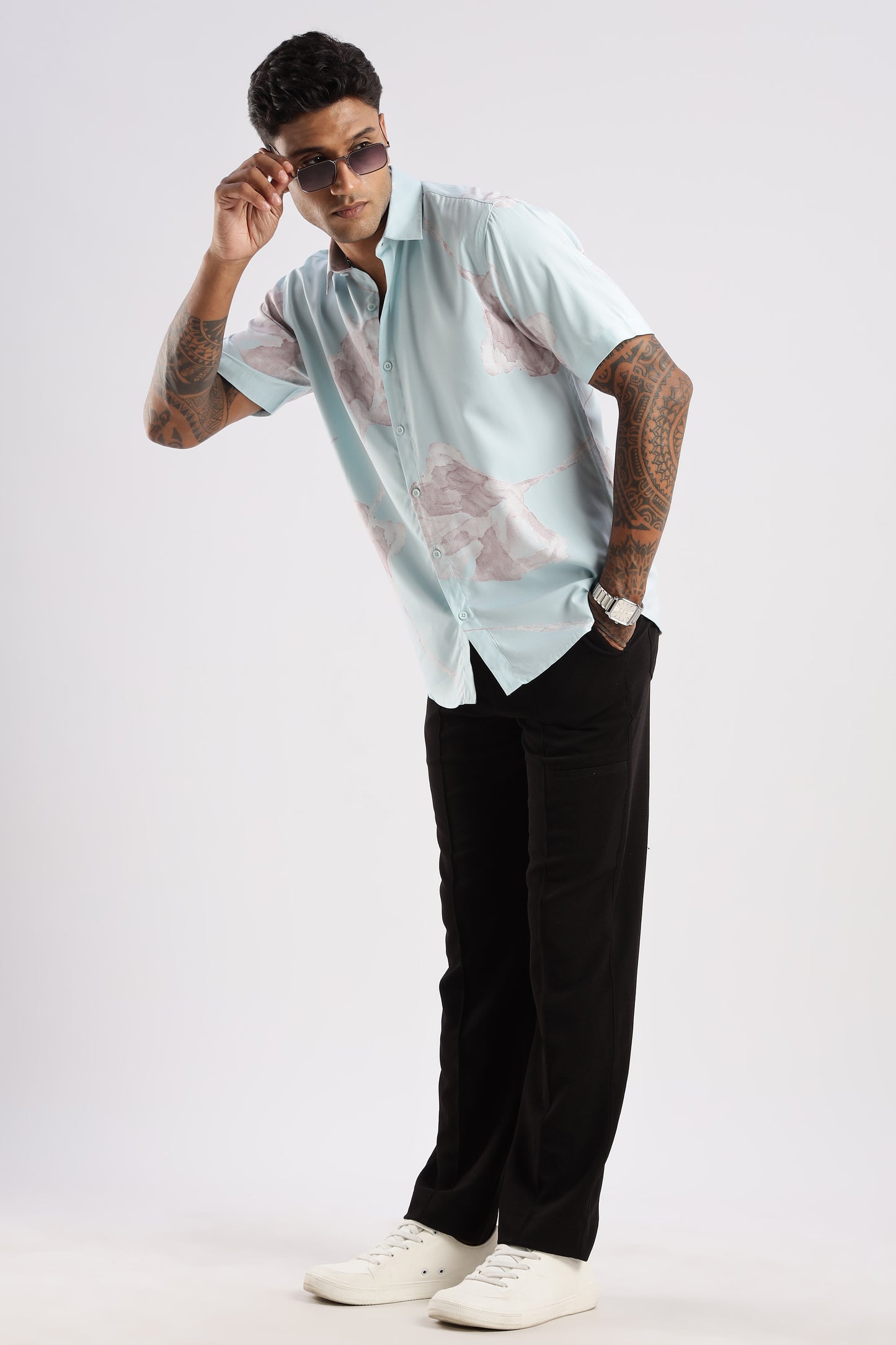 Men’s Shadow Floral Placement Print Short-Sleeve Shirt – Ice Mint
