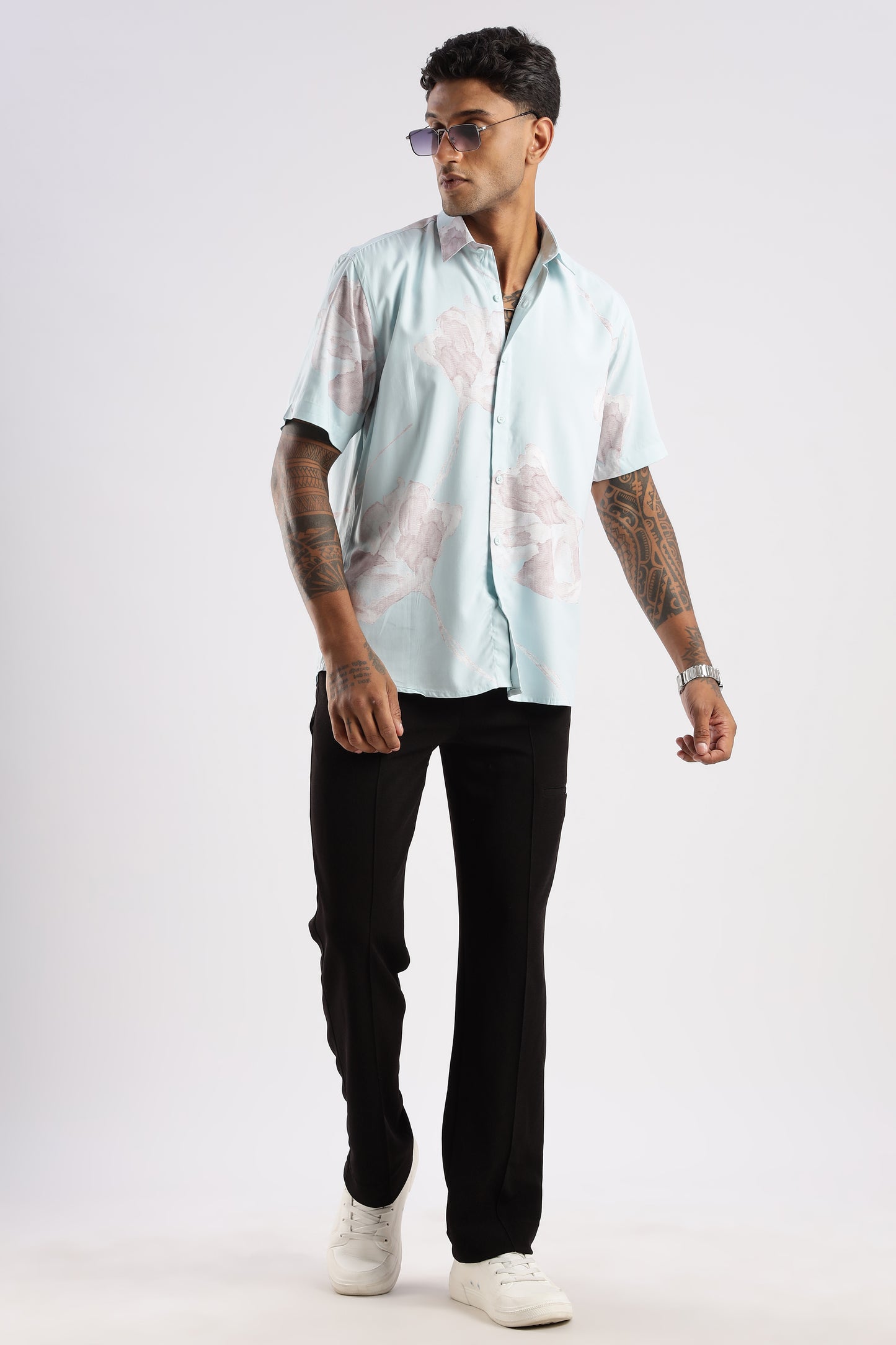 Men’s Shadow Floral Placement Print Short-Sleeve Shirt – Ice Mint