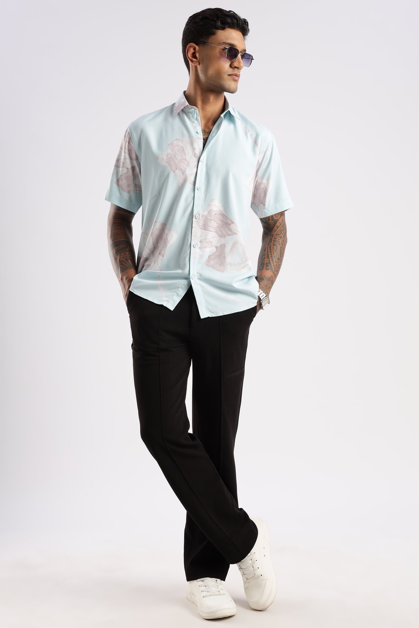 Men’s Shadow Floral Placement Print Short-Sleeve Shirt – Ice Mint