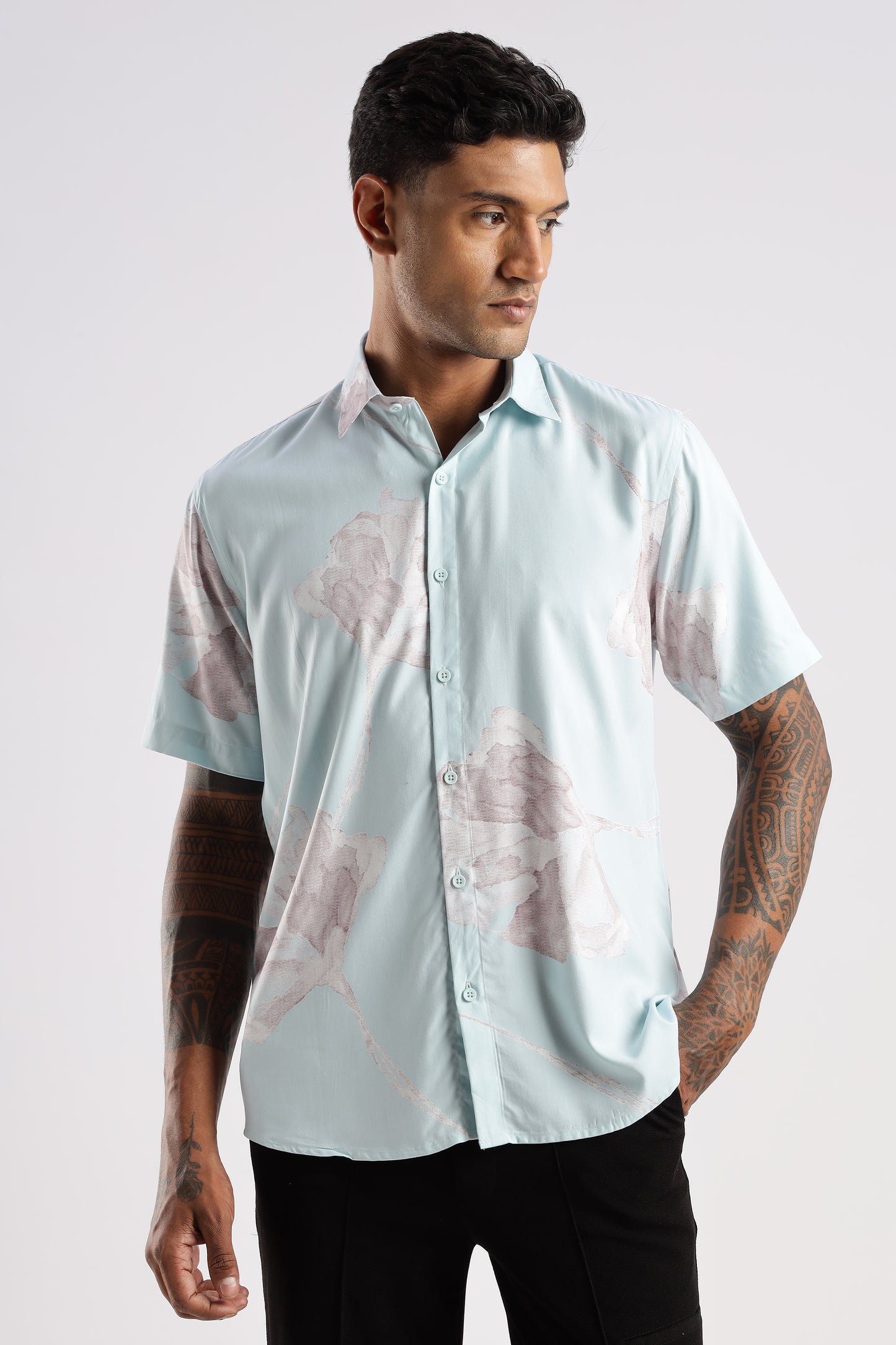 Men’s Shadow Floral Placement Print Short-Sleeve Shirt – Ice Mint