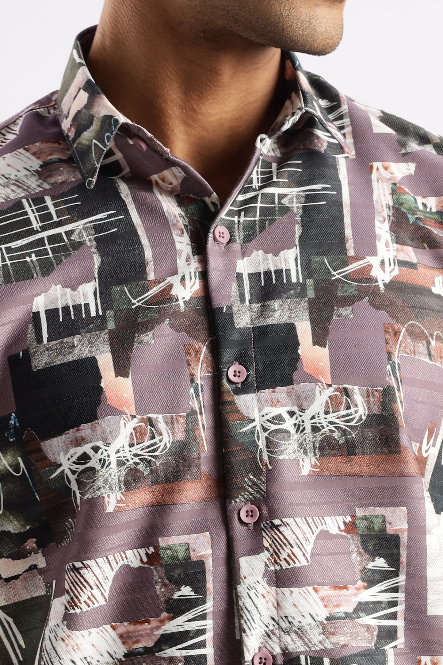 Men’s Urban Photo-Collage Print Short-Sleeve Shirt – Mauve/Olive