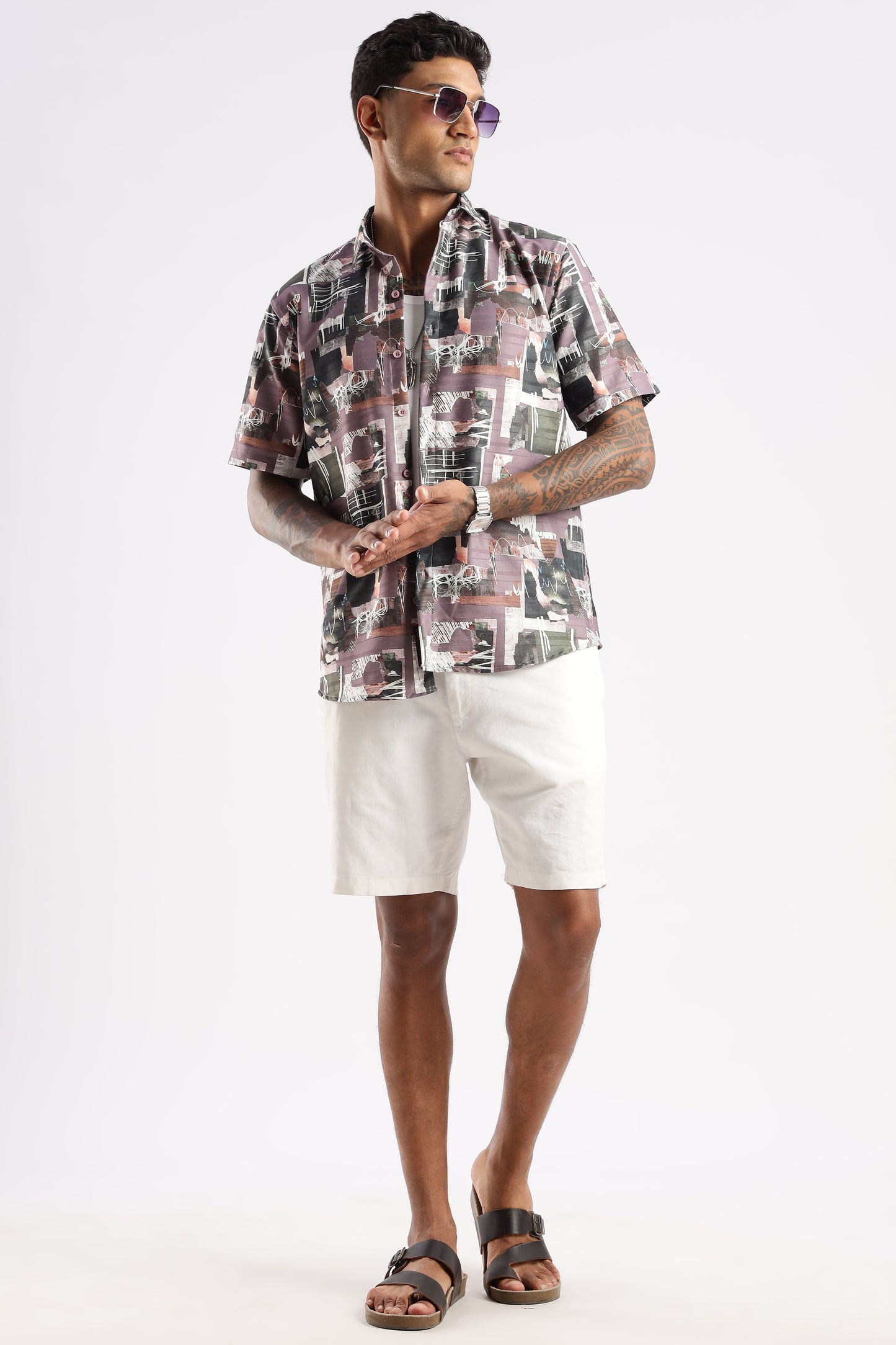 Men’s Urban Photo-Collage Print Short-Sleeve Shirt – Mauve/Olive
