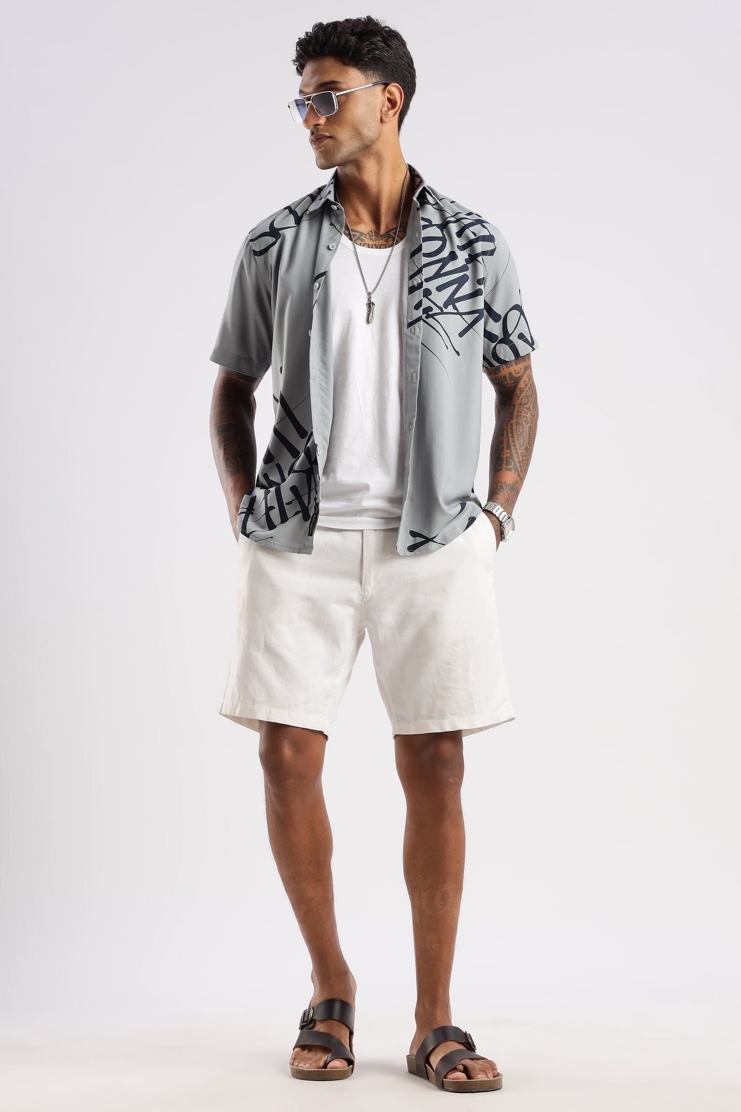 Men’s Graffiti Placement Print Short-Sleeve Shirt – Ash Grey/Navy