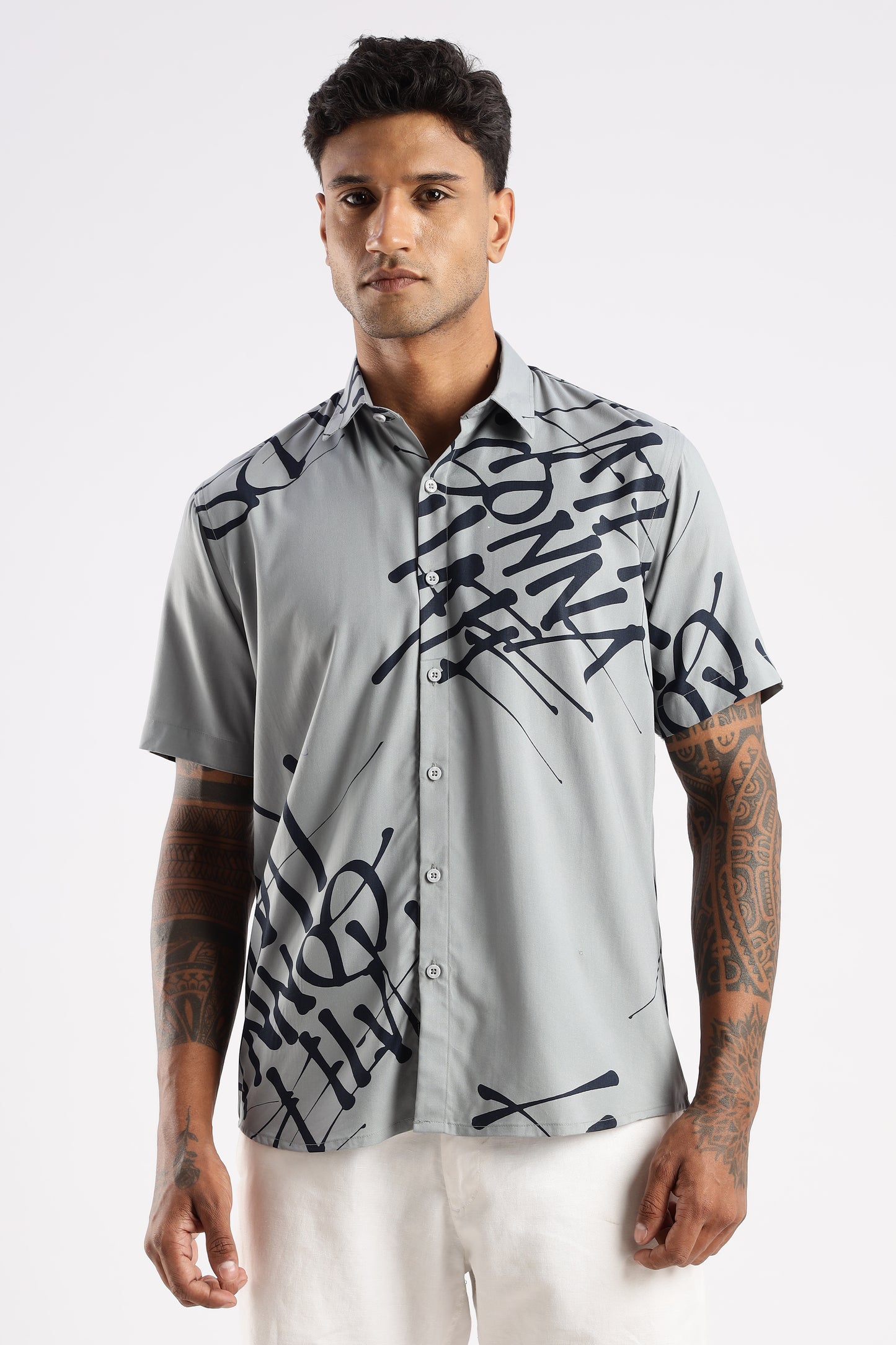 Men’s Graffiti Placement Print Short-Sleeve Shirt – Ash Grey/Navy