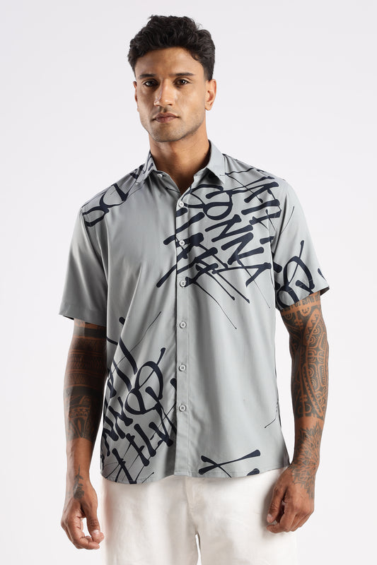 Men’s Graffiti Placement Print Short-Sleeve Shirt – Ash Grey/Navy