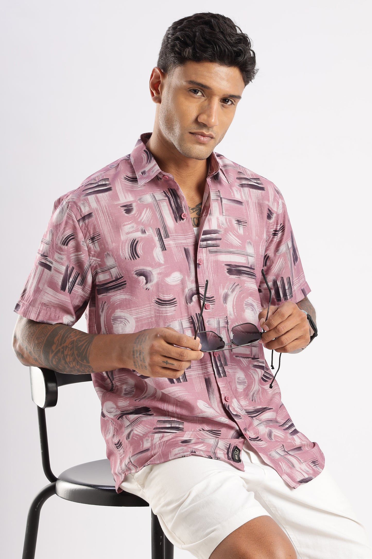 Men’s Brushstroke Texture Short-Sleeve Shirt – Dusty Rose