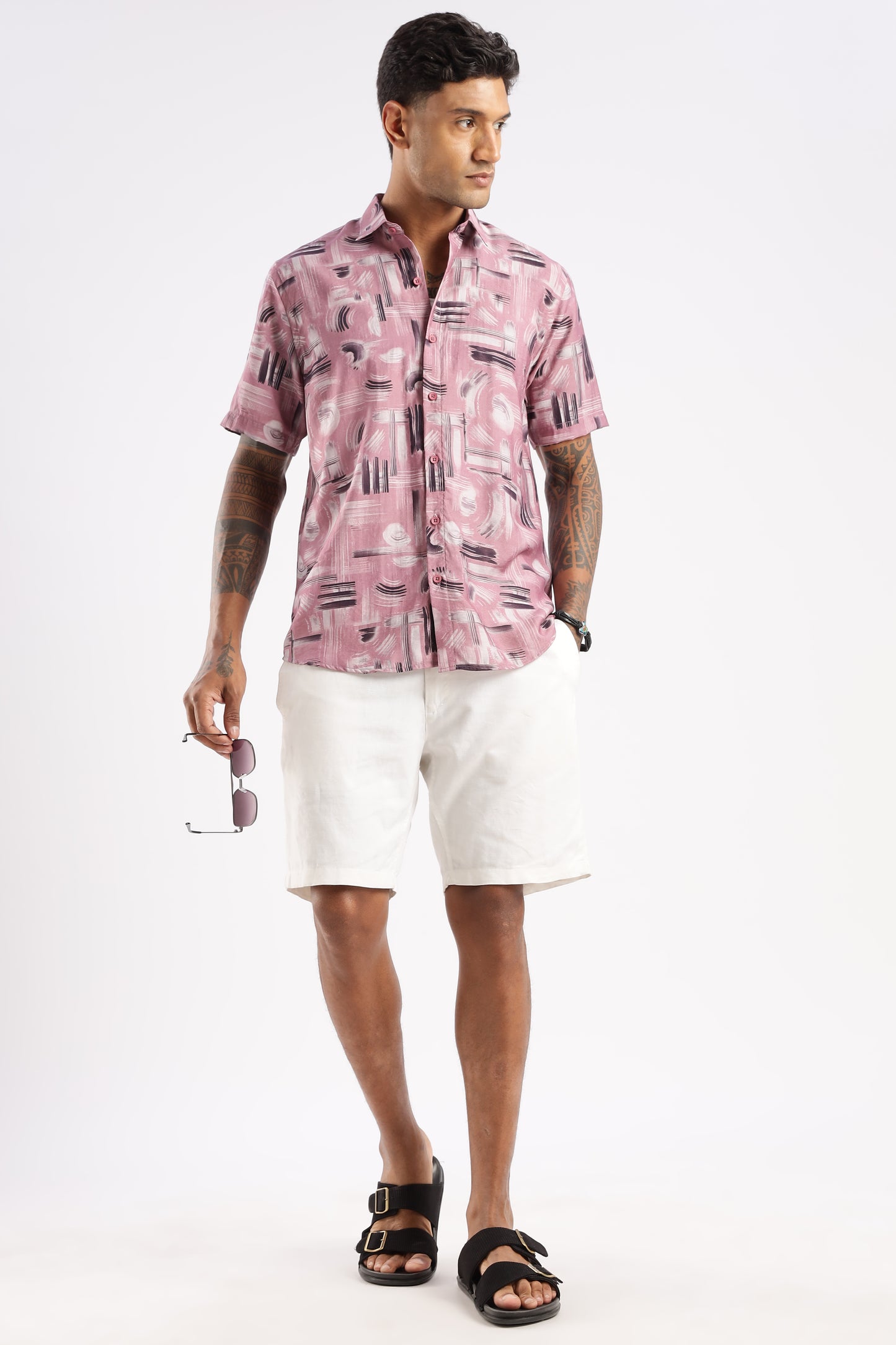 Men’s Brushstroke Texture Short-Sleeve Shirt – Dusty Rose