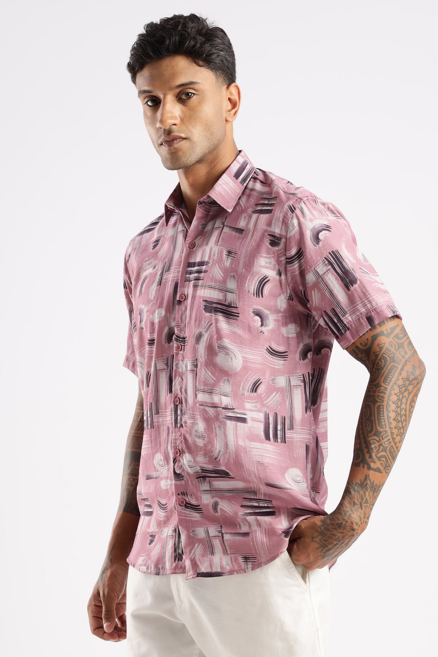 Men’s Brushstroke Texture Short-Sleeve Shirt – Dusty Rose