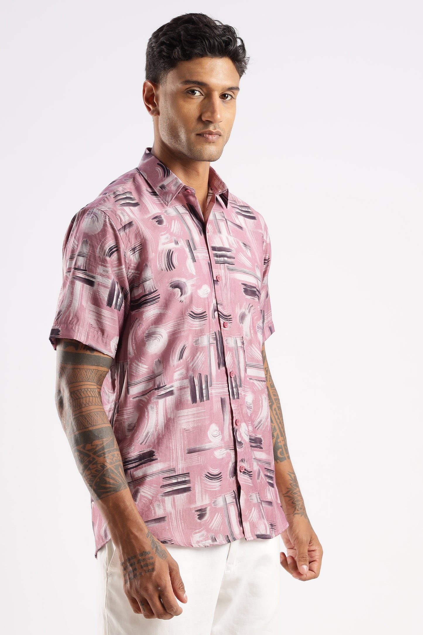 Men’s Brushstroke Texture Short-Sleeve Shirt – Dusty Rose