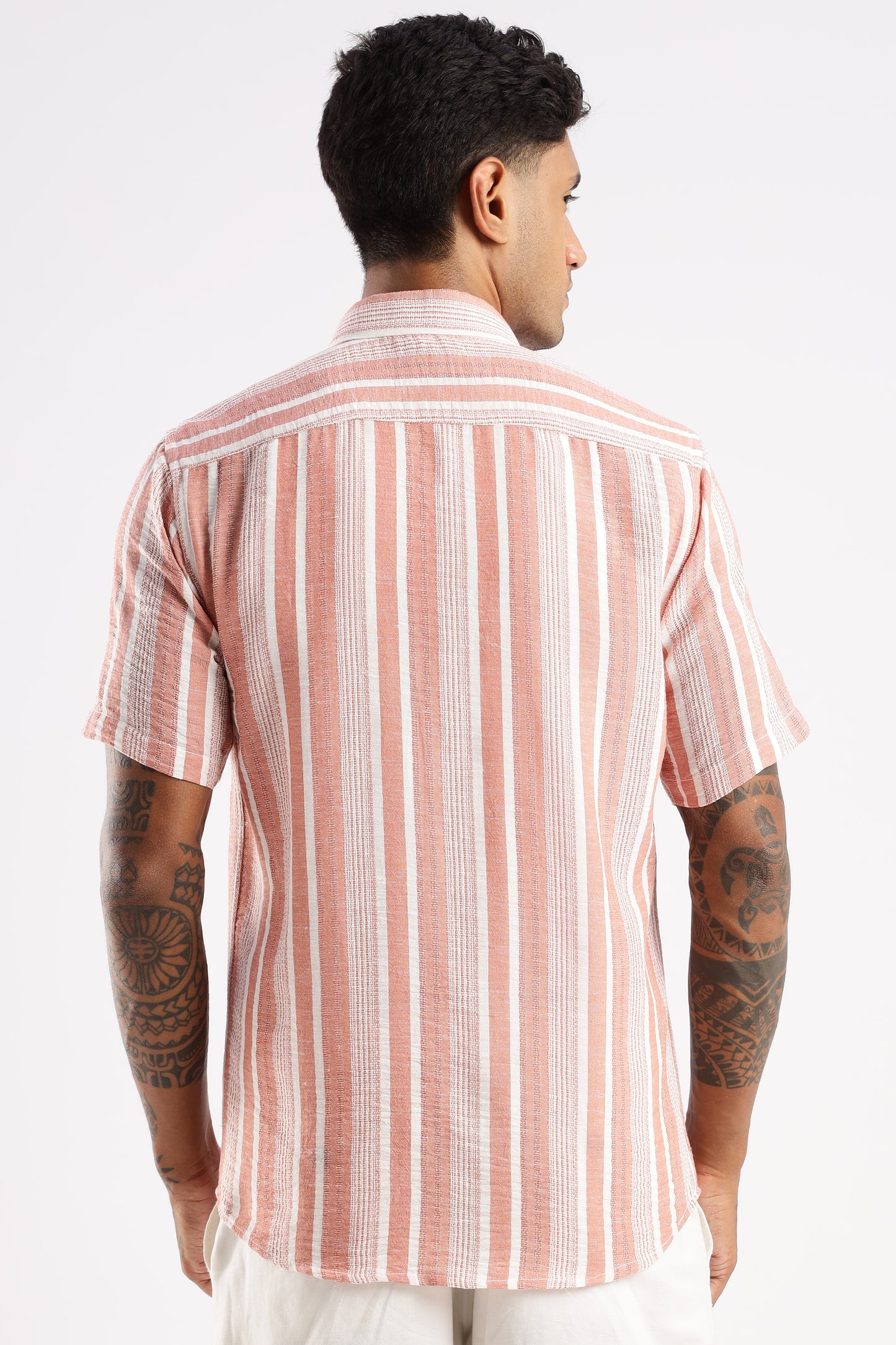 Men’s Linen-Look Vertical Stripe Short-Sleeve Shirt – Terracotta & White
