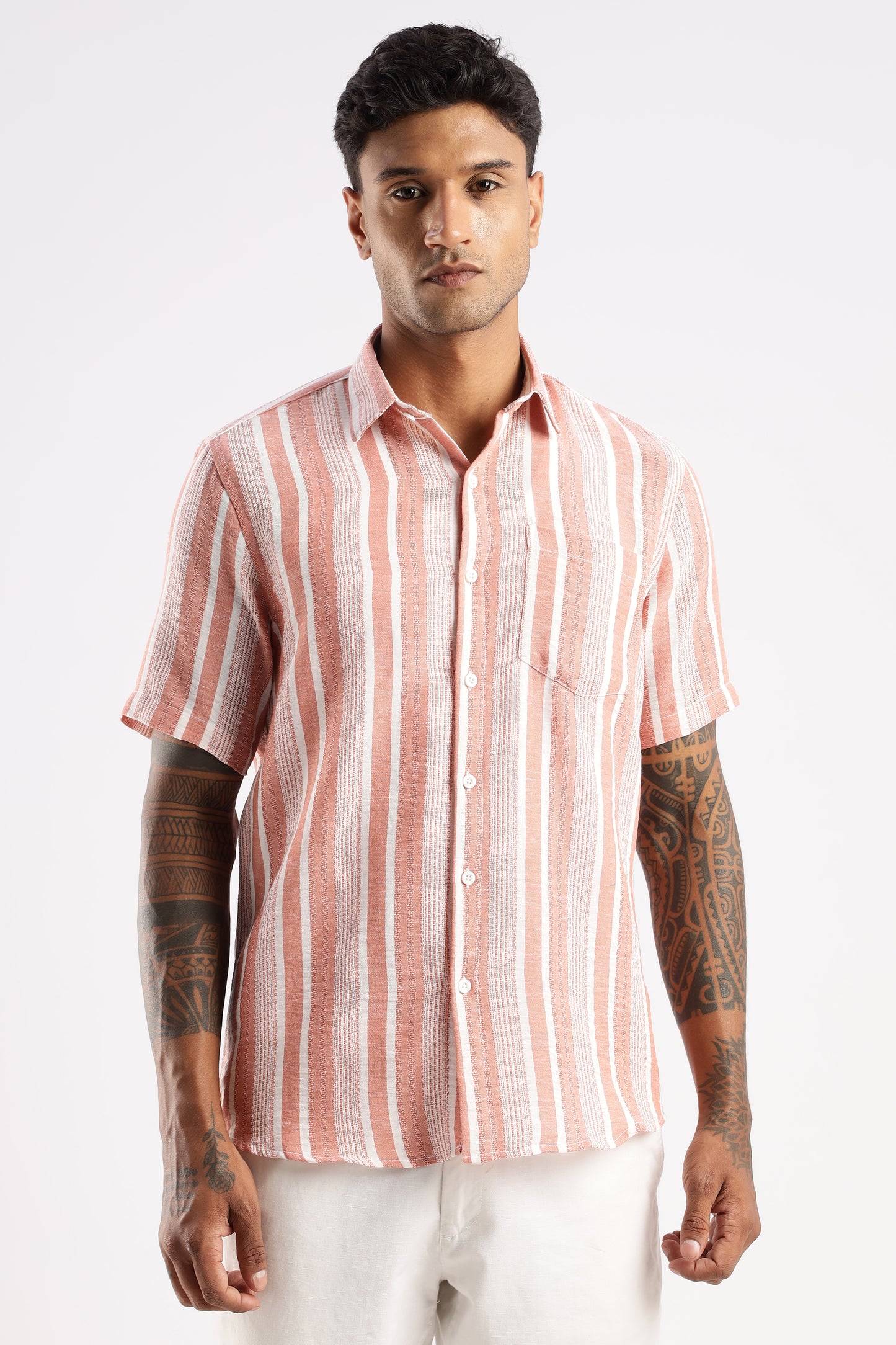 Men’s Linen-Look Vertical Stripe Short-Sleeve Shirt – Terracotta & White