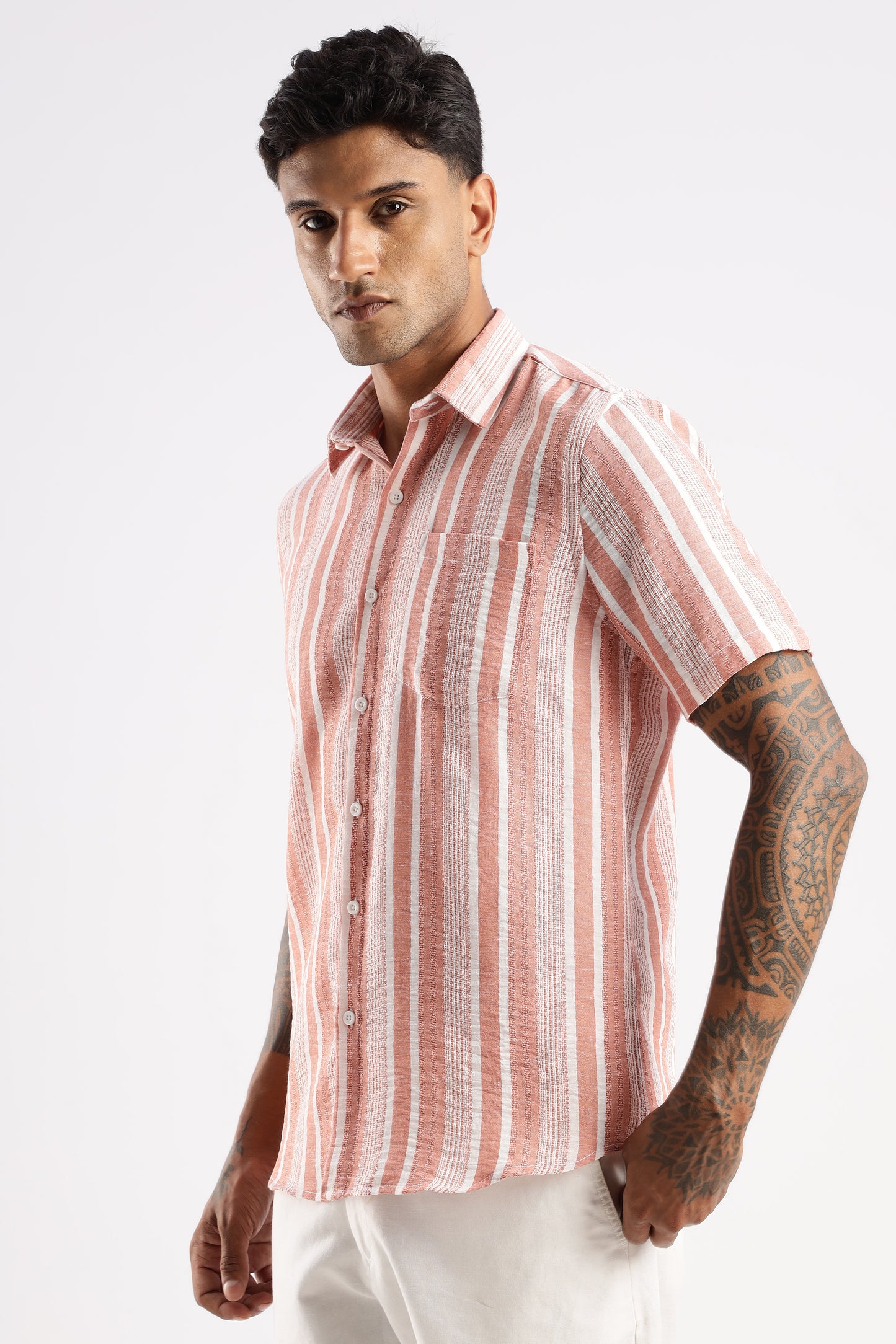 Men’s Linen-Look Vertical Stripe Short-Sleeve Shirt – Terracotta & White