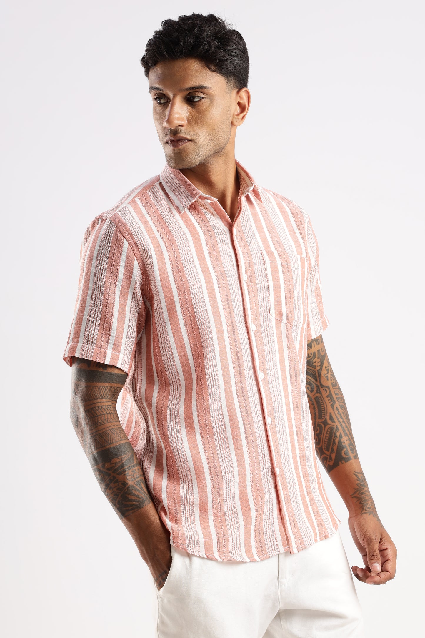 Men’s Linen-Look Vertical Stripe Short-Sleeve Shirt – Terracotta & White