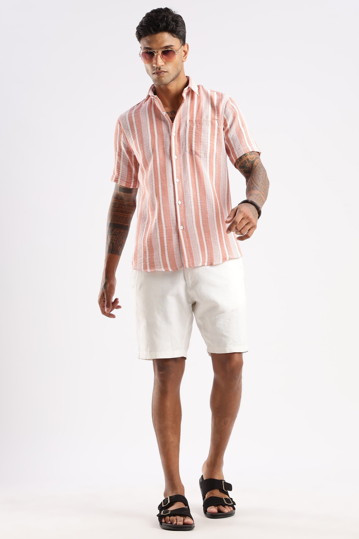 Men’s Linen-Look Vertical Stripe Short-Sleeve Shirt – Terracotta & White