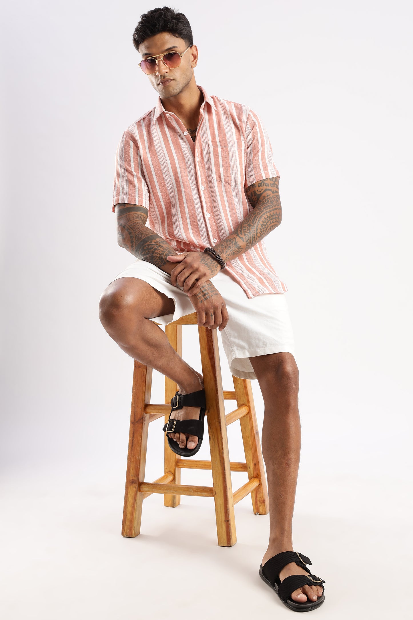 Men’s Linen-Look Vertical Stripe Short-Sleeve Shirt – Terracotta & White
