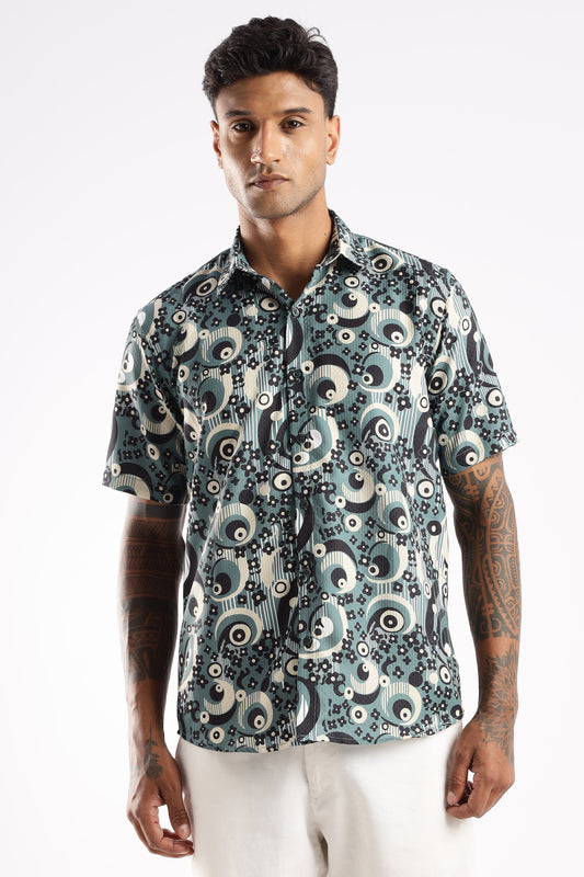 Men’s Retro-Geo Concentric Print Short-Sleeve Shirt – Teal & Ivory