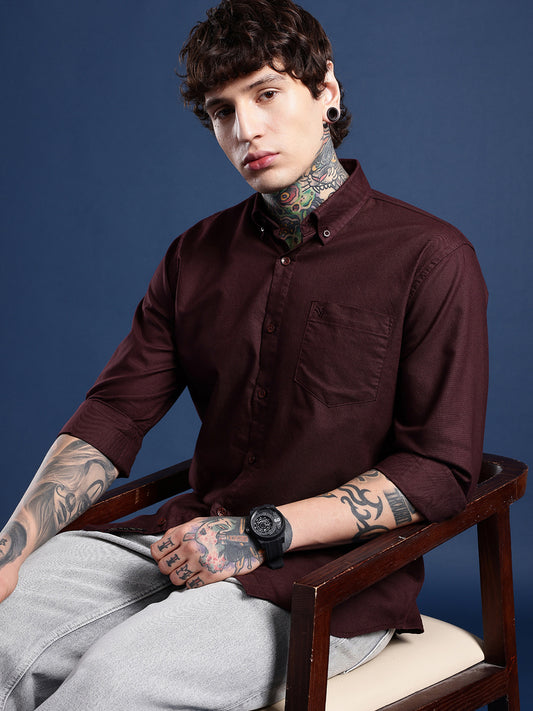 Maroon Brown Oxford Cotton Shirt – Button-Down Collar & Chest Pocket