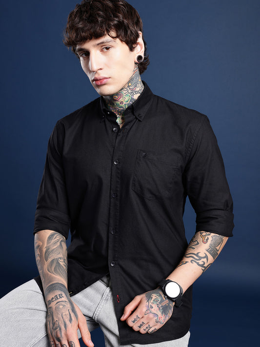 Jet Black Oxford Cotton Shirt – Button-Down Collar & Chest Pocket
