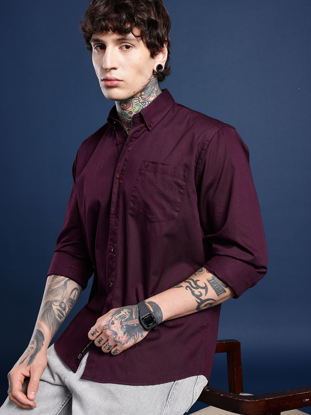 Wine Burgundy Oxford Cotton Shirt – Button-Down Collar & Chest Pocket