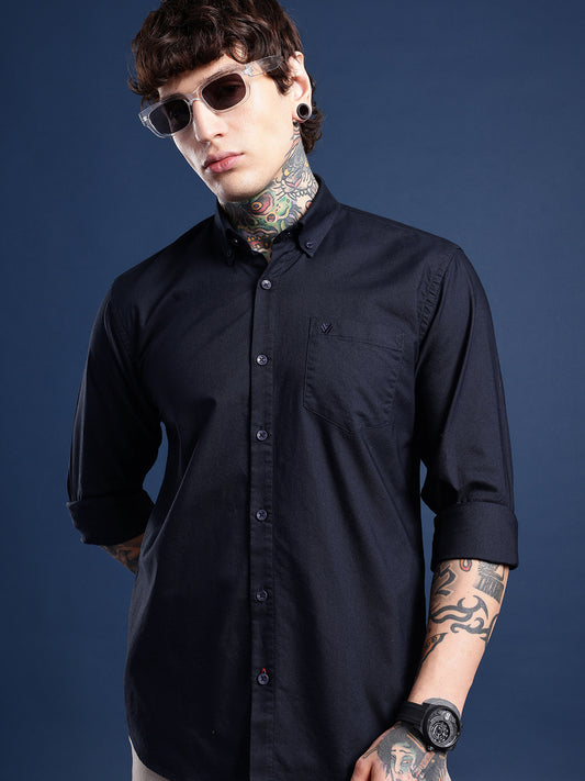 Navy Oxford Cotton Shirt – Button-Down Collar & Chest Pocket