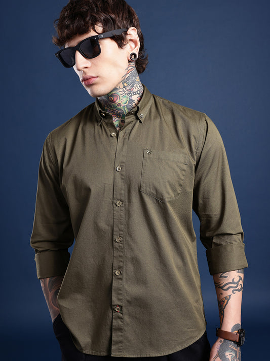 Army Olive Oxford Cotton Shirt – Button-Down Collar & Chest Pocket