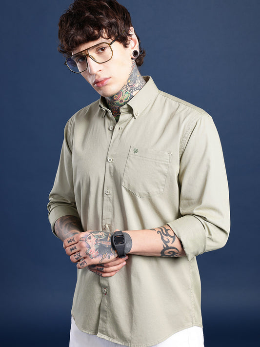 Pistachio Green Oxford Cotton Shirt – Button-Down Collar & Chest Pocket