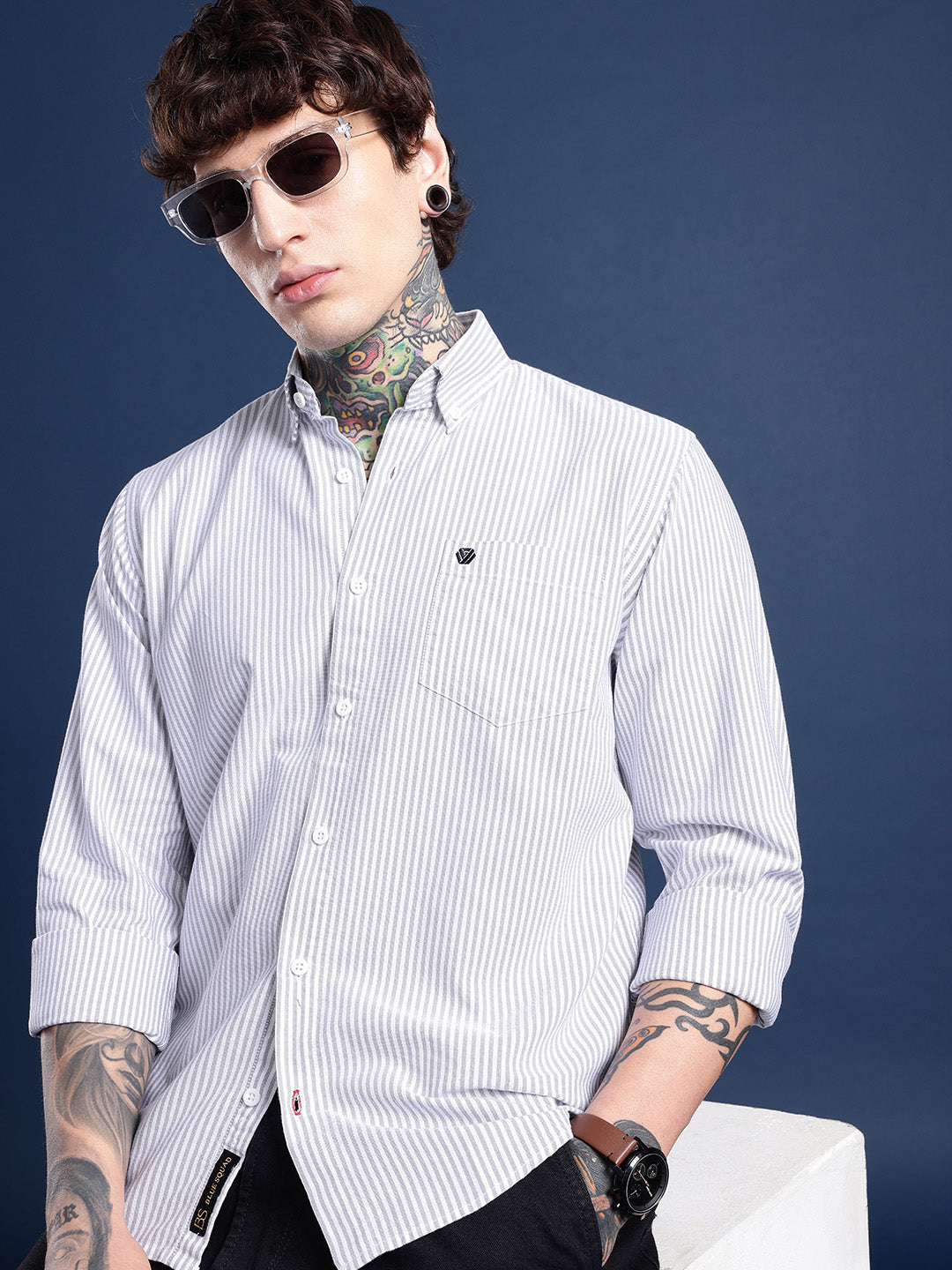 Grey Pinstripe Oxford Shirt – Button-Down Collar