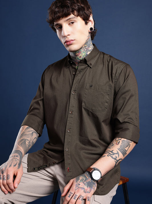 Dark Olive Oxford Cotton Shirt – Button-Down Collar & Chest Pocket