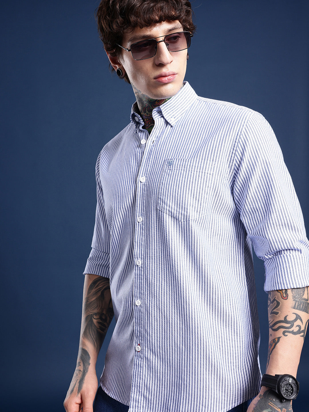 Blue & White Bengal-Stripe Oxford Shirt – Button-Down Collar