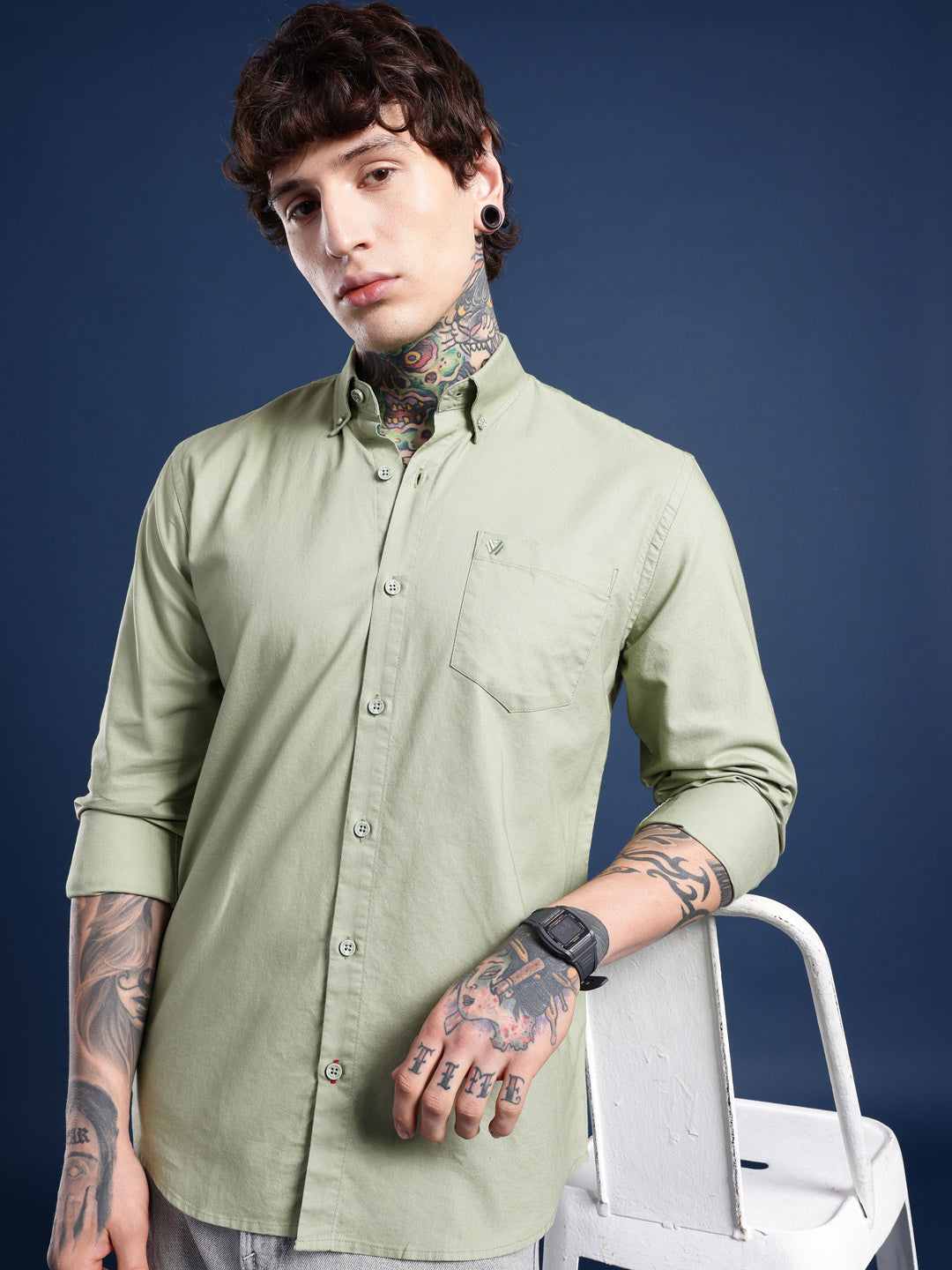 Sage Green Oxford Cotton Shirt – Button-Down Collar & Chest Pocket