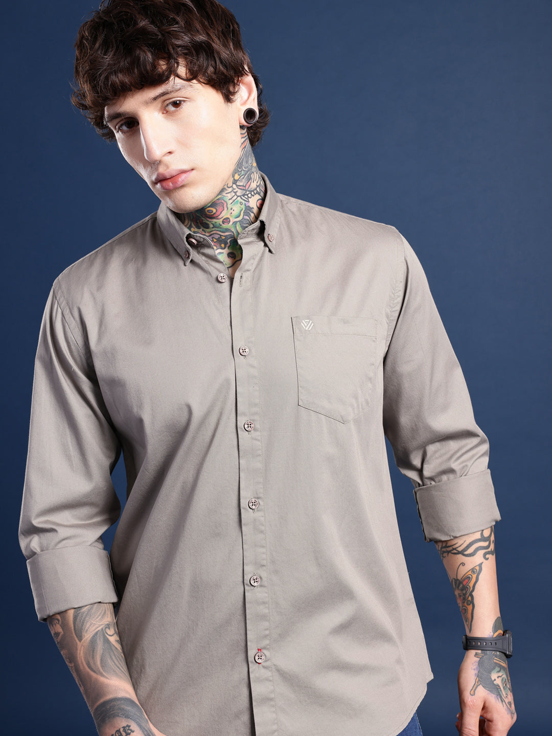 Taupe Grey Oxford Cotton Shirt – Button-Down Collar & Chest Pocket