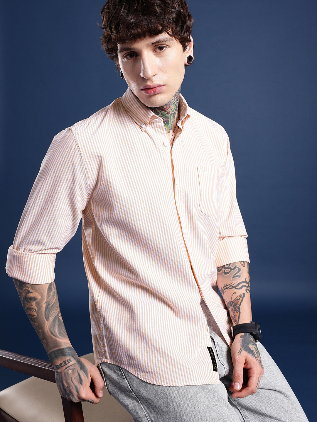 Peach & White Pinstripe Oxford Shirt – Button-Down Collar