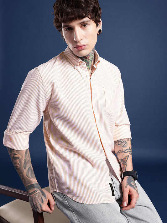 Peach & White Pinstripe Oxford Shirt – Button-Down Collar