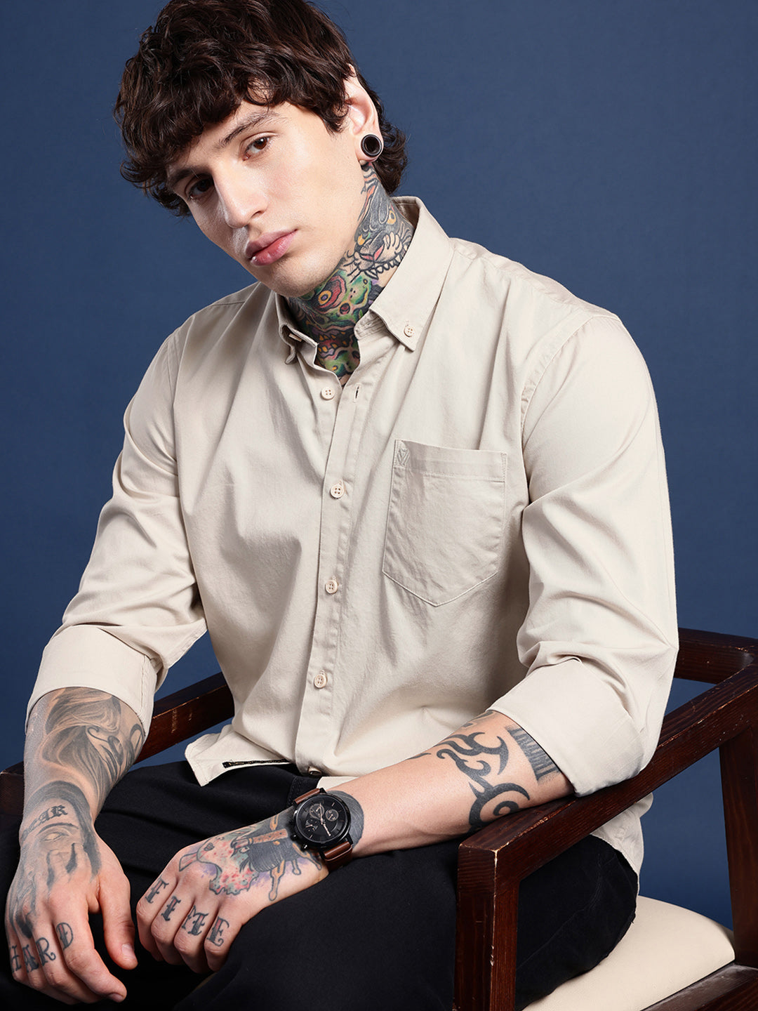 Ecru Beige Oxford Cotton Shirt – Button-Down Collar & Chest Pocket