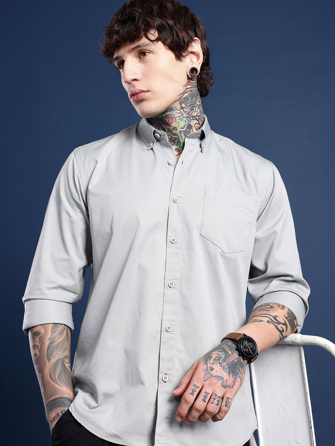 Cloud Grey Oxford Cotton Shirt – Button-Down Collar & Chest Pocket