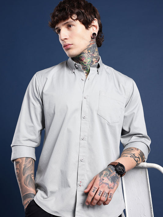 Cloud Grey Oxford Cotton Shirt – Button-Down Collar & Chest Pocket