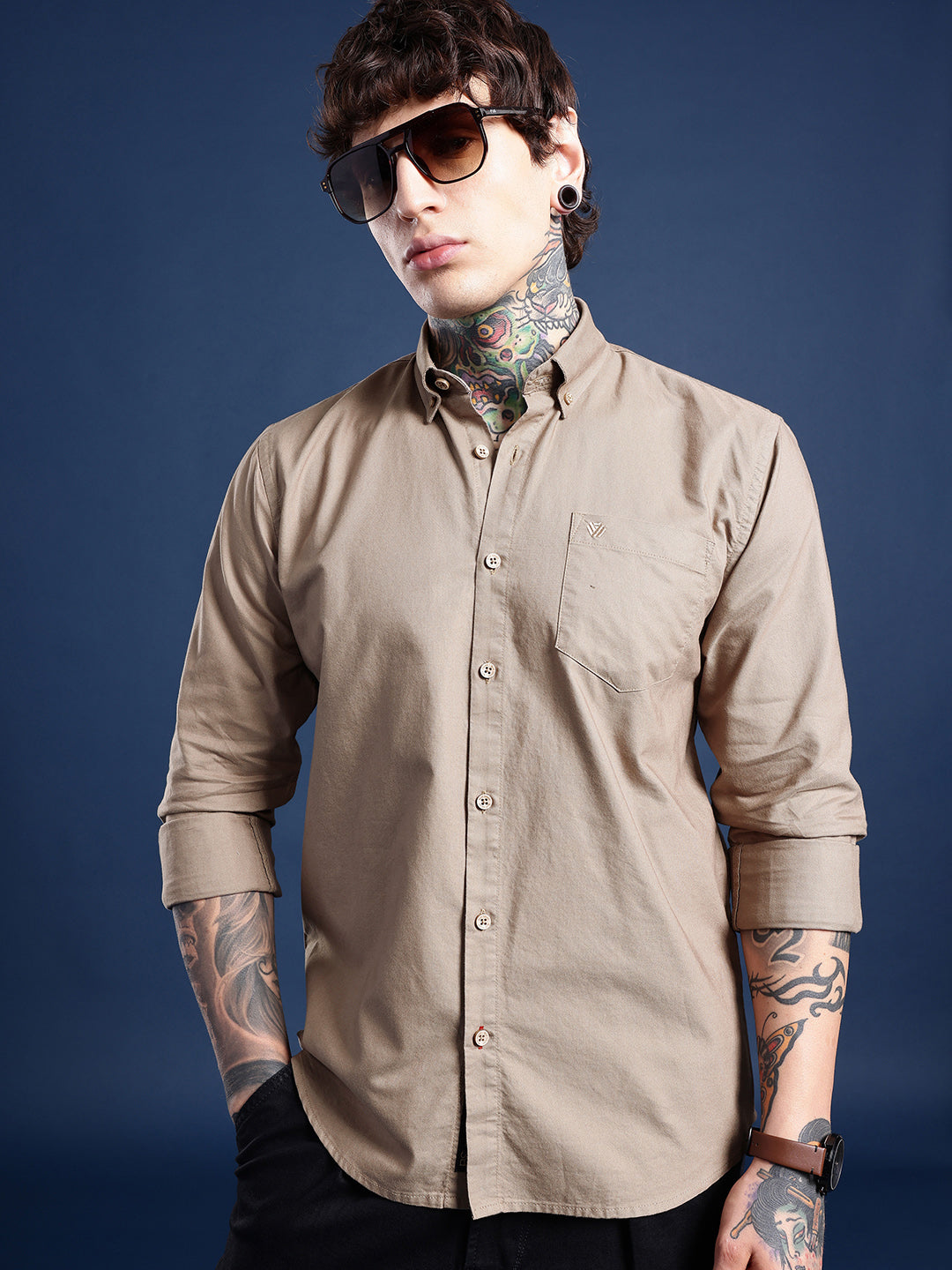 Sand Beige Oxford Cotton Shirt – Button-Down Collar & Chest Pocket
