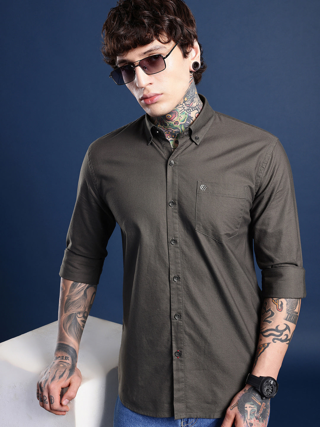 Olive Green Oxford Cotton Shirt – Button-Down Collar & Chest Pocket