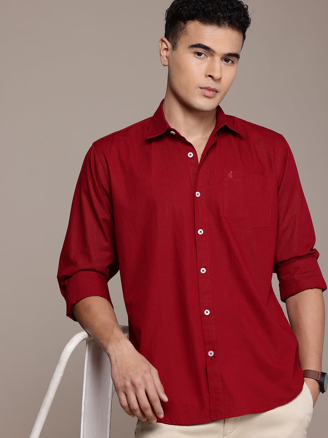 Men’s Carmine Maroon Linen Full Sleeves Casual Shirt