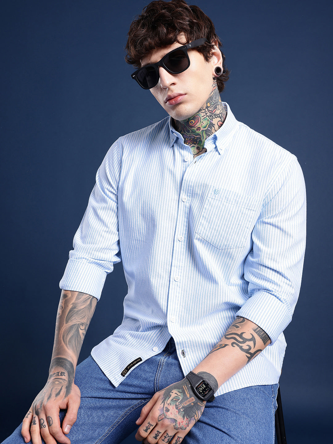 Sky Blue & White Pinstripe Oxford Shirt – Button-Down Collar