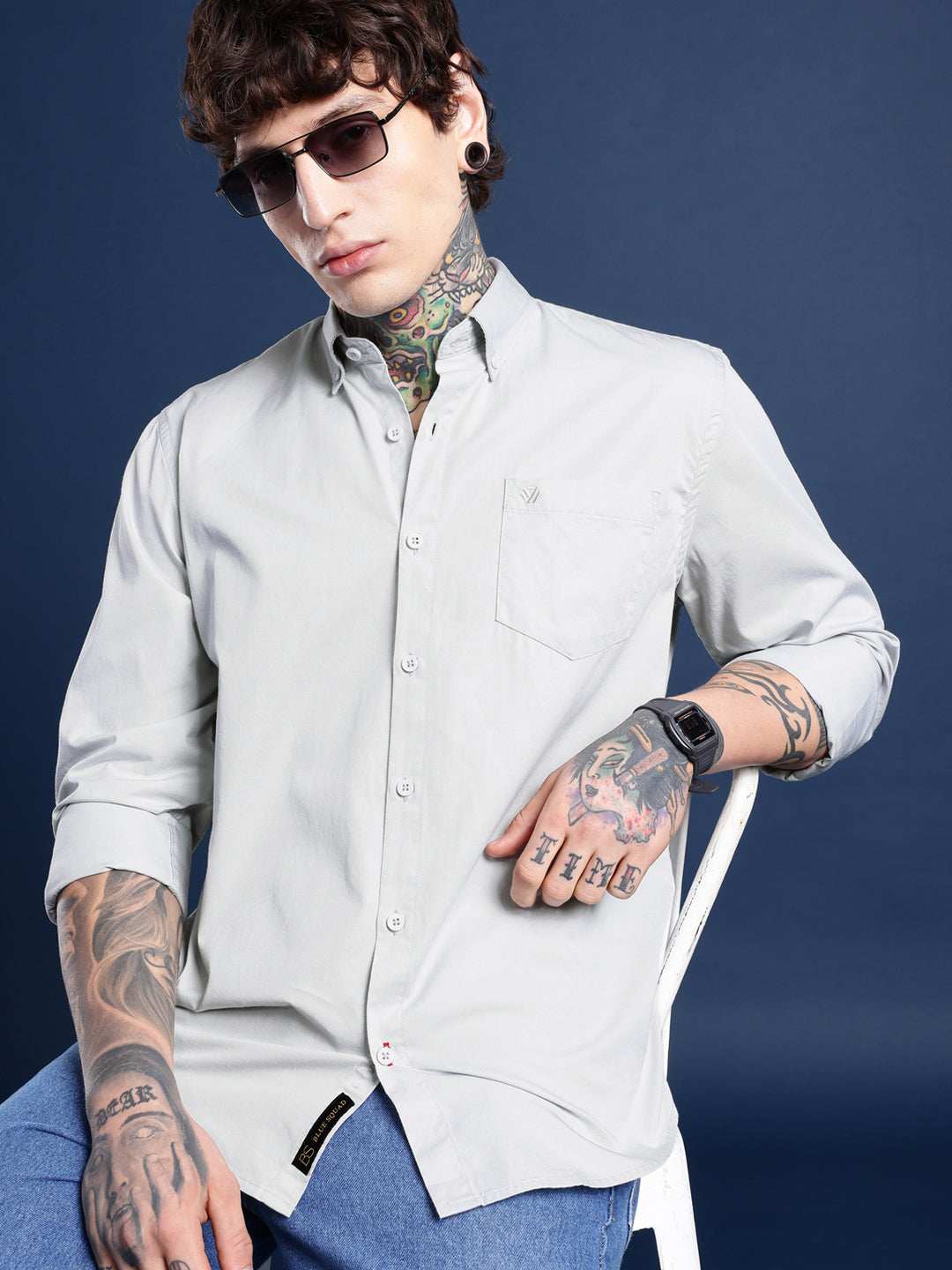 Silver Oxford Cotton Shirt – Button-Down Collar & Chest Pocket