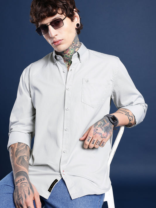 Silver Oxford Cotton Shirt – Button-Down Collar & Chest Pocket