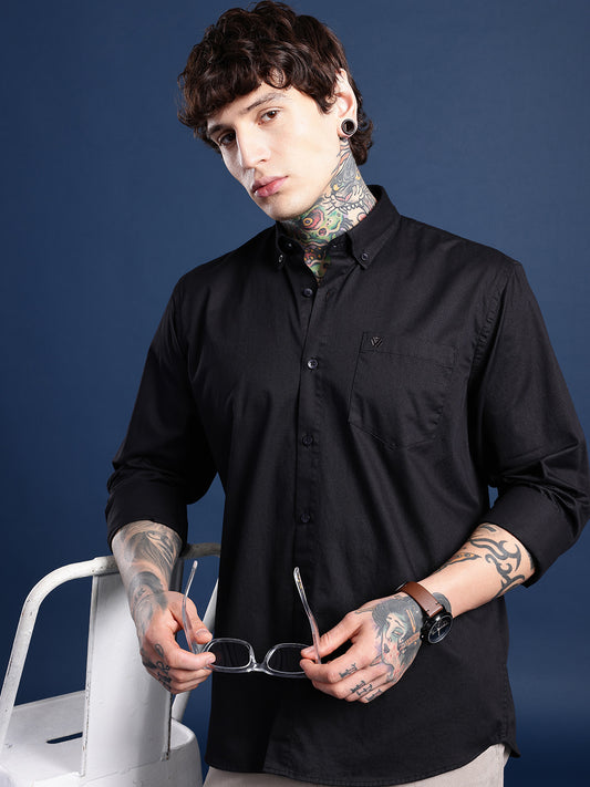 Midnight Black Oxford Cotton Shirt – Button-Down Collar & Chest Pocket