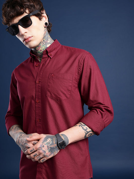 Burgundy Oxford Cotton Shirt – Button-Down Collar & Chest Pocket