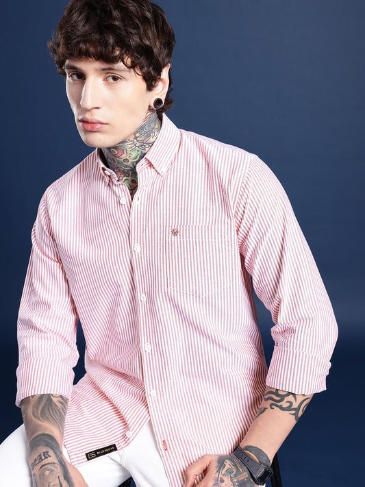 White & Maroon Pinstripe Oxford Shirt – Button-Down Collar