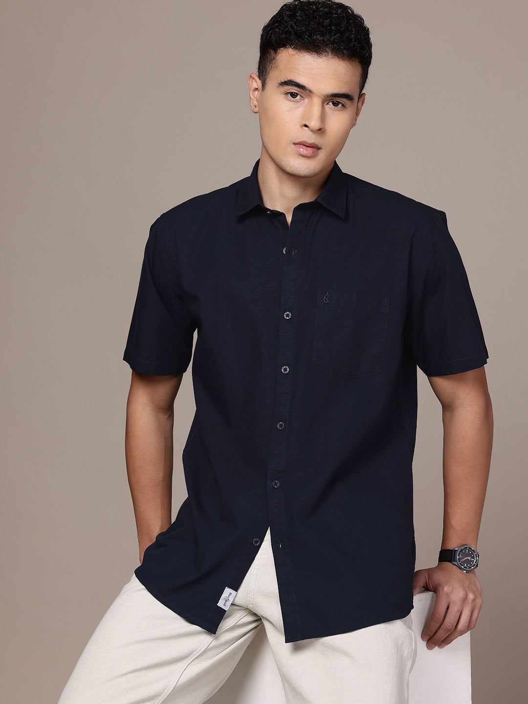 Men’s Navy Blue Linen Half Sleeves Casual Shirt