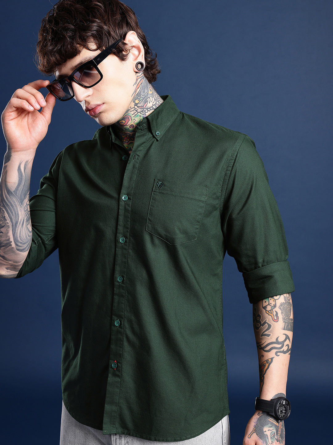 Bottle Green Oxford Cotton Shirt – Button-Down Collar & Chest Pocket